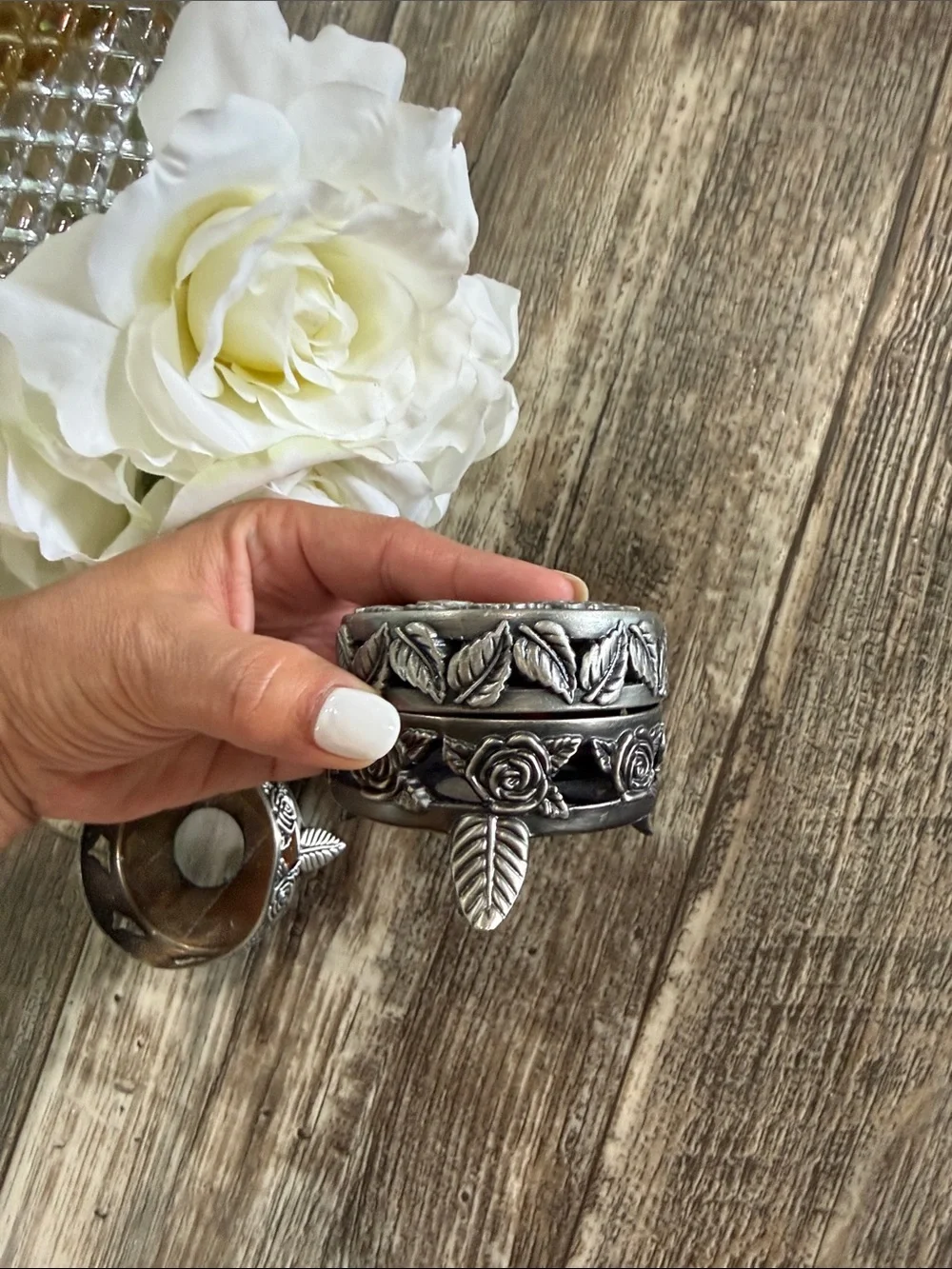 🌟VINTAGE 🌟Pewter Silver Rose Candle Holder, SET 2
